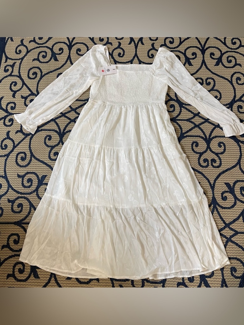 Smocked Square Neck White Maxi Dress with Long Puff Sleeves